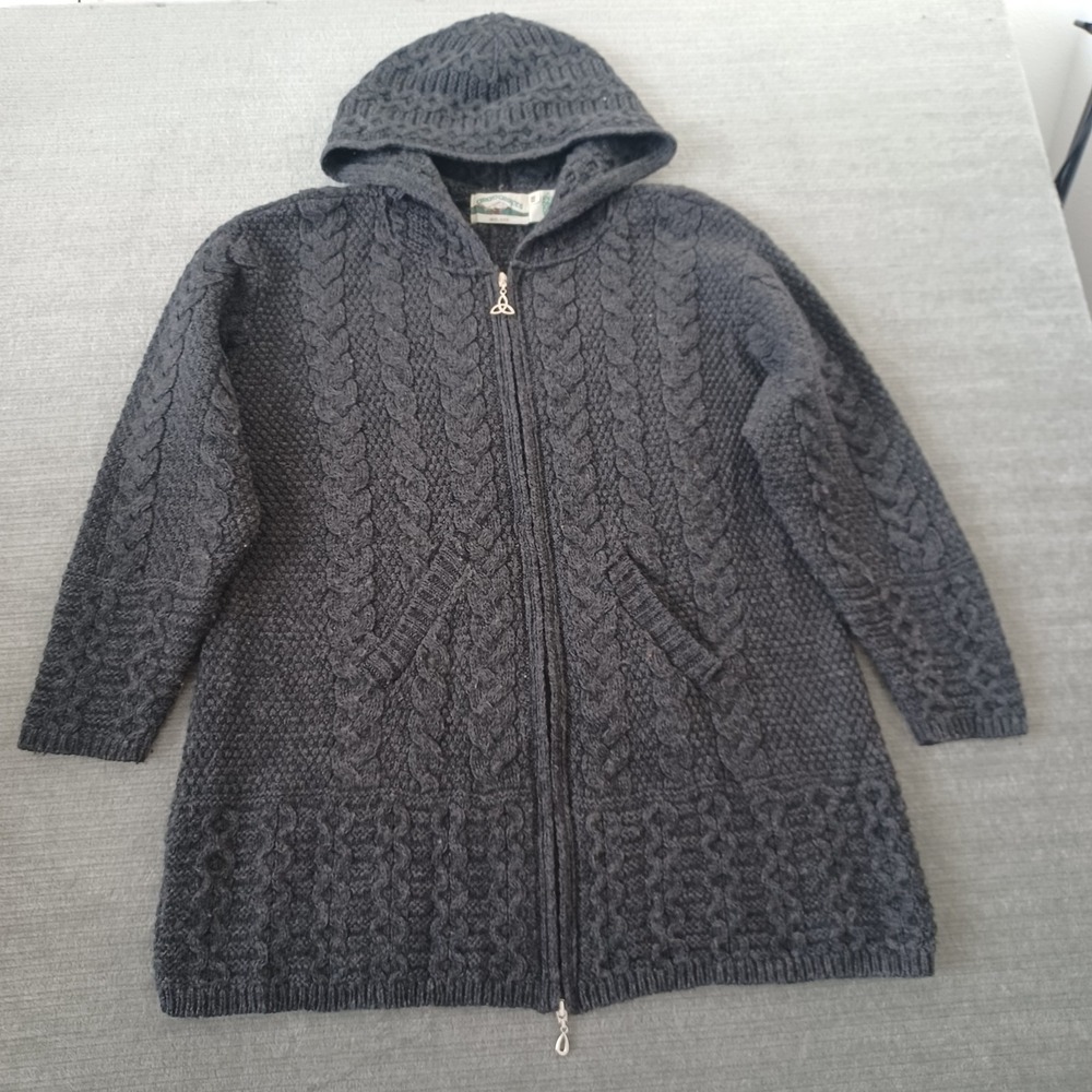 Aran Crafts Womens 2XL Charcoal Irish Cable Knitted Zip Coat 100% Merino Wool
